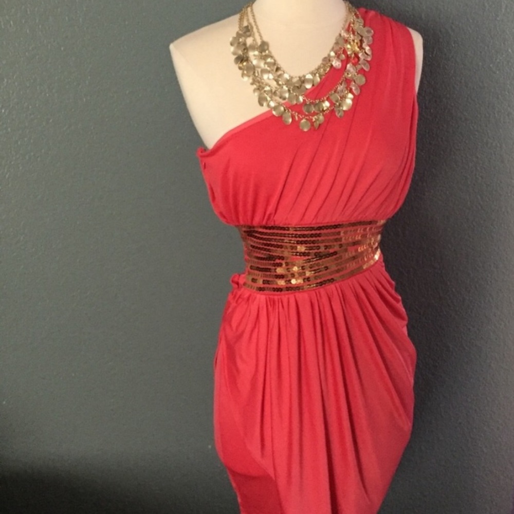 Vintage Bebe Goddess Dress RARE - Coral + Gold Sequin, Small, 2B Bebe - Picture 3 of 11